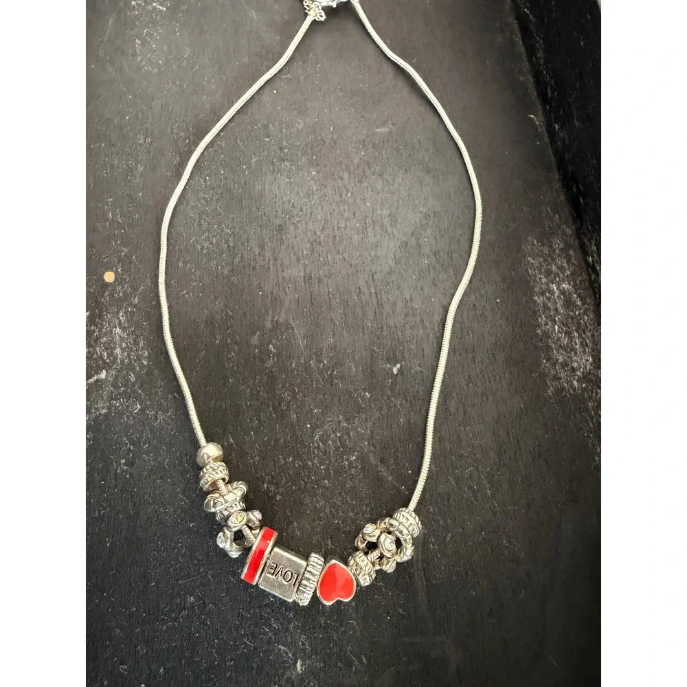 Snake Charm Necklace Silver‎ Tone Red Love You Heart Enamel Women Rhinestone